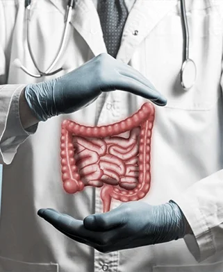 Médico de jaleco e luvas com ilustração do intestino grosso entre as mãos